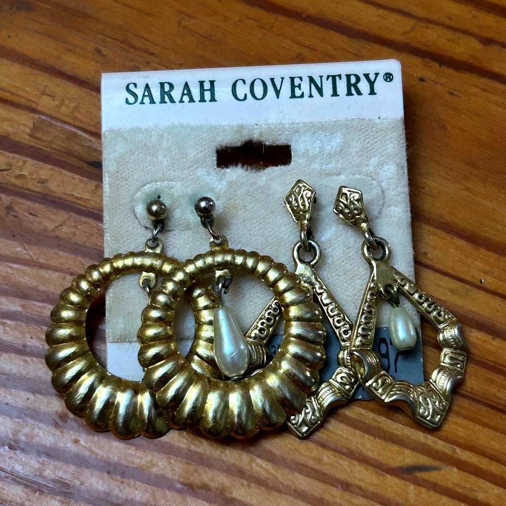 Sarah Coventry Vintage Gold Tone Faux Pearl Dangle Earrings 2 Pairs Nickel Free